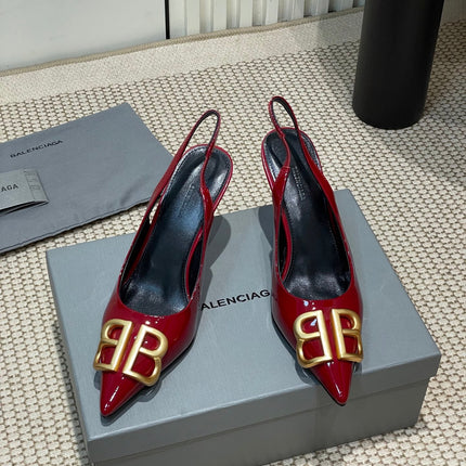 POINTED BB GOLD BUCKLE HIGH SLINGBACK 80MM IN RED PATENT CALFSKIN
