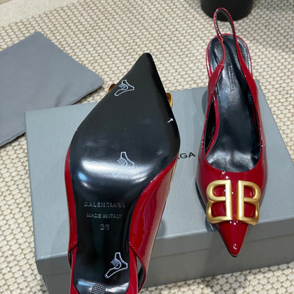 POINTED BB GOLD BUCKLE HIGH SLINGBACK 80MM IN RED PATENT CALFSKIN