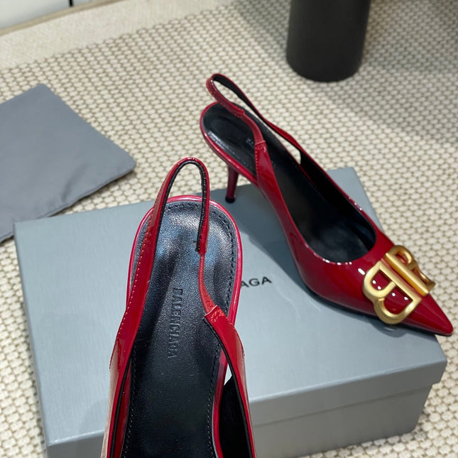 POINTED BB GOLD BUCKLE HIGH SLINGBACK 80MM IN RED PATENT CALFSKIN