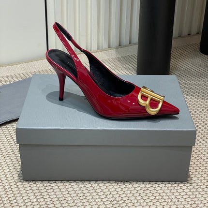 POINTED BB GOLD BUCKLE HIGH SLINGBACK 80MM IN RED PATENT CALFSKIN