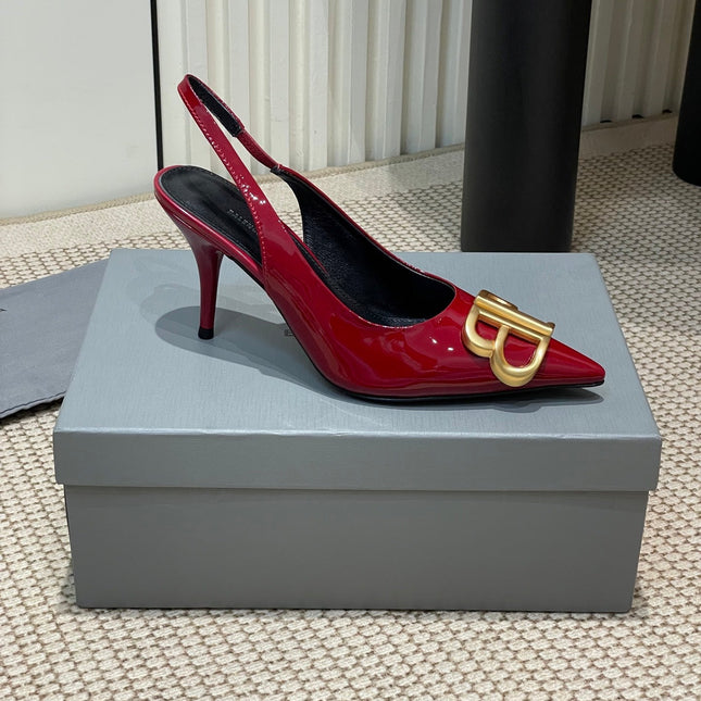 POINTED BB GOLD BUCKLE HIGH SLINGBACK 80MM IN RED PATENT CALFSKIN