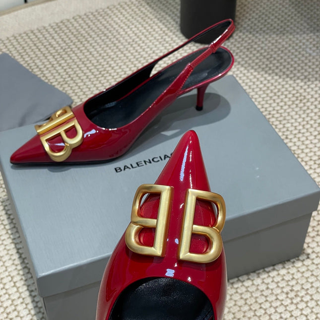 POINTED BB GOLD BUCKLE HIGH SLINGBACK 60MM IN RED PATENT CALFSKIN