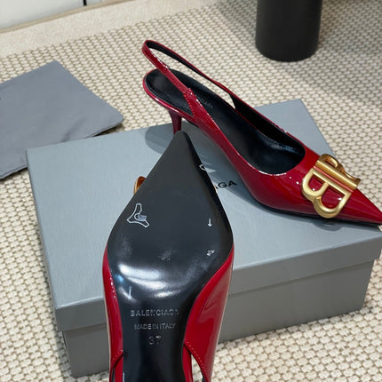 POINTED BB GOLD BUCKLE HIGH SLINGBACK 60MM IN RED PATENT CALFSKIN