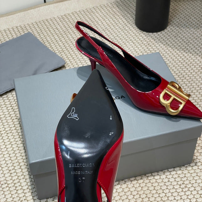 POINTED BB GOLD BUCKLE HIGH SLINGBACK 60MM IN RED PATENT CALFSKIN