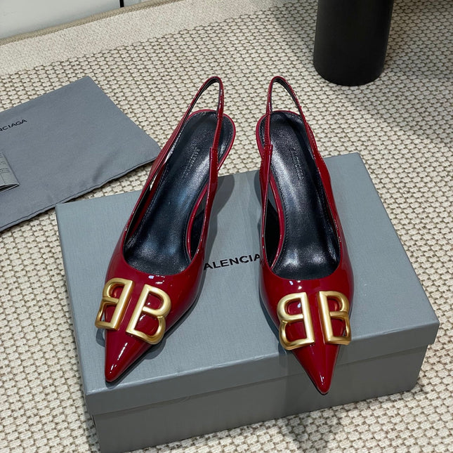 POINTED BB GOLD BUCKLE HIGH SLINGBACK 60MM IN RED PATENT CALFSKIN