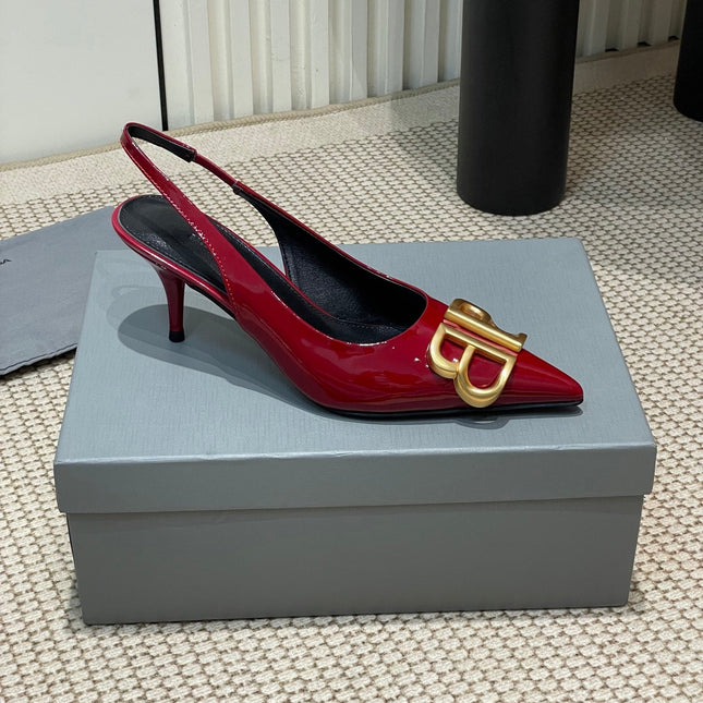 POINTED BB GOLD BUCKLE HIGH SLINGBACK 60MM IN RED PATENT CALFSKIN
