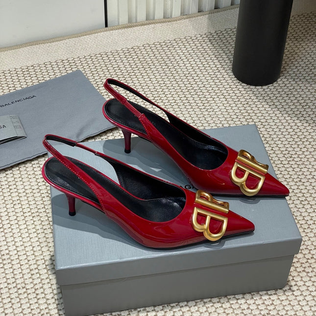 POINTED BB GOLD BUCKLE HIGH SLINGBACK 60MM IN RED PATENT CALFSKIN