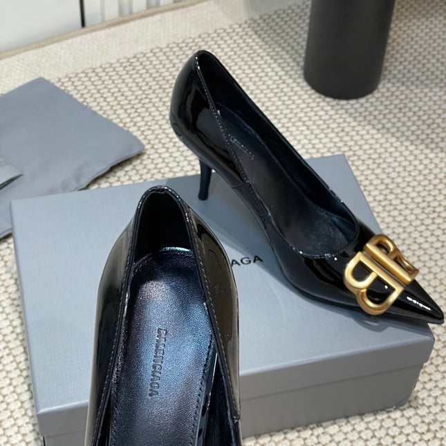 POINTED BB GOLD BUCKLE HIGH PUMPS 80MM IN BLACK PATENT CALFSKIN