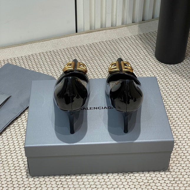 POINTED BB GOLD BUCKLE HIGH PUMPS 80MM IN BLACK PATENT CALFSKIN