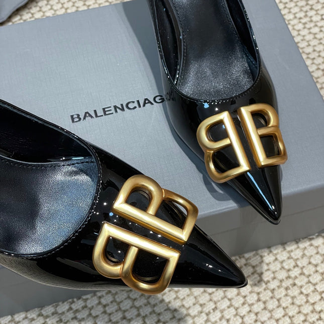 POINTED BB GOLD BUCKLE HIGH PUMPS 80MM IN BLACK PATENT CALFSKIN