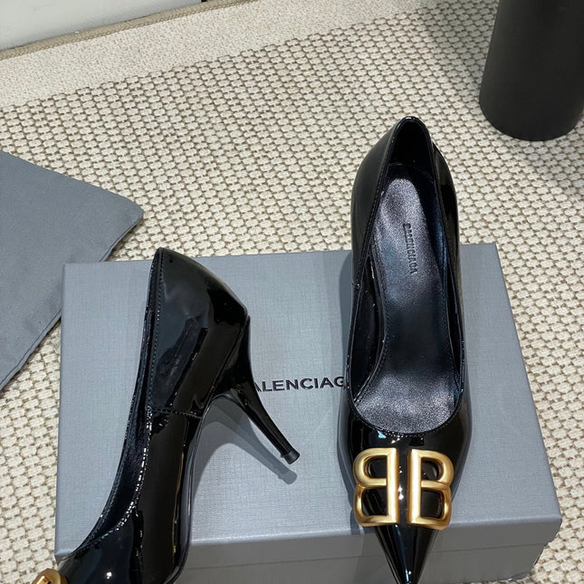 POINTED BB GOLD BUCKLE HIGH PUMPS 80MM IN BLACK PATENT CALFSKIN