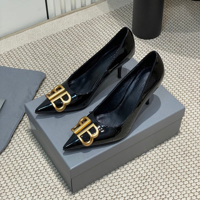 POINTED BB GOLD BUCKLE HIGH PUMPS 80MM IN BLACK PATENT CALFSKIN