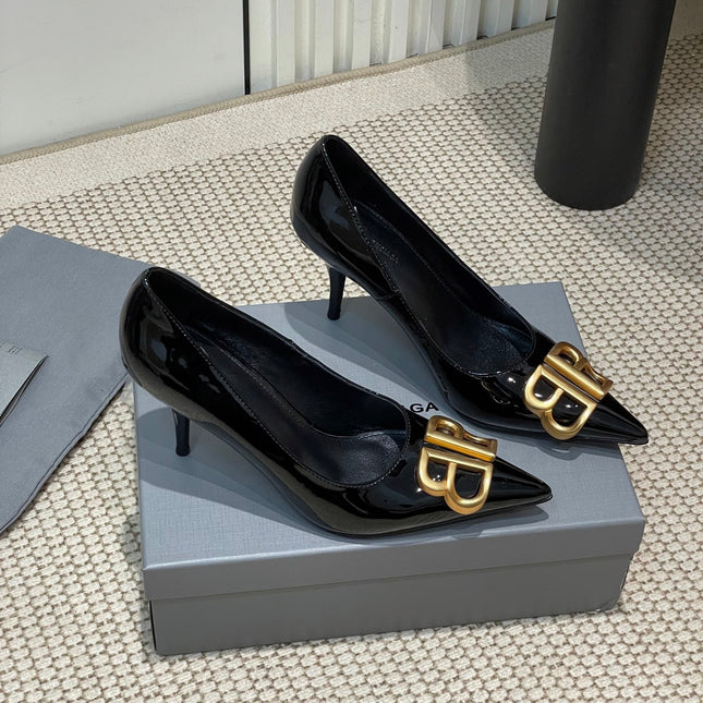 POINTED BB GOLD BUCKLE HIGH PUMPS 80MM IN BLACK PATENT CALFSKIN