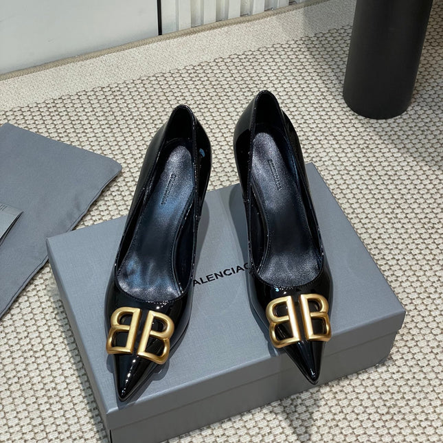 POINTED BB GOLD BUCKLE HIGH PUMPS 80MM IN BLACK PATENT CALFSKIN