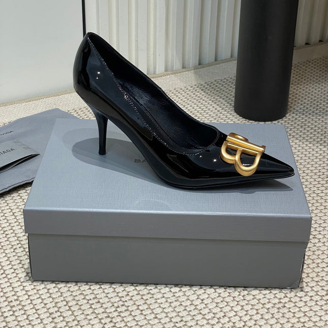 POINTED BB GOLD BUCKLE HIGH PUMPS 80MM IN BLACK PATENT CALFSKIN