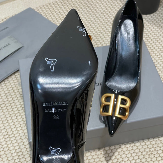 POINTED BB GOLD BUCKLE HIGH PUMPS 80MM IN BLACK PATENT CALFSKIN