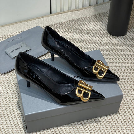 POINTED BB GOLD BUCKLE HIGH PUMPS 60MM IN BLACK PATENT CALFSKIN