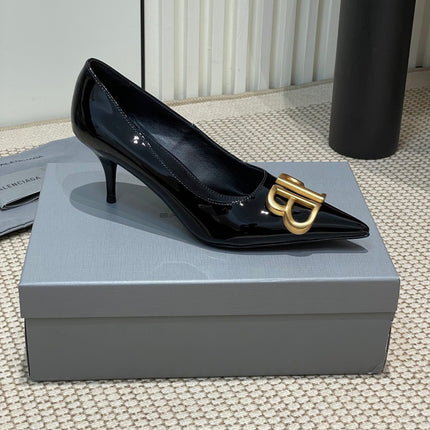 POINTED BB GOLD BUCKLE HIGH PUMPS 60MM IN BLACK PATENT CALFSKIN