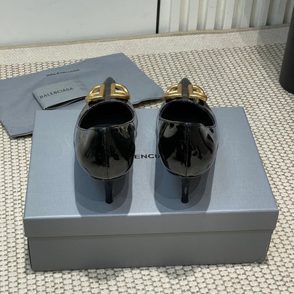 POINTED BB GOLD BUCKLE HIGH PUMPS 60MM IN BLACK PATENT CALFSKIN