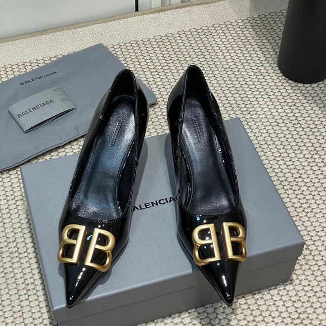 POINTED BB GOLD BUCKLE HIGH PUMPS 60MM IN BLACK PATENT CALFSKIN