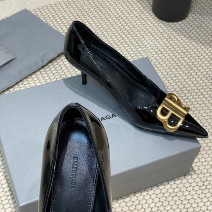 POINTED BB GOLD BUCKLE HIGH PUMPS 60MM IN BLACK PATENT CALFSKIN