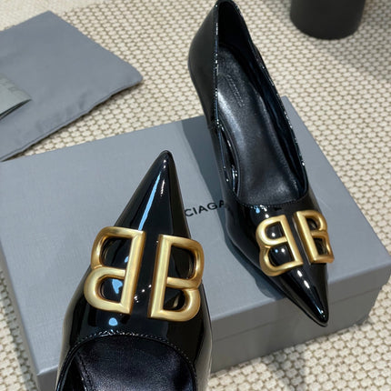 POINTED BB GOLD BUCKLE HIGH PUMPS 60MM IN BLACK PATENT CALFSKIN