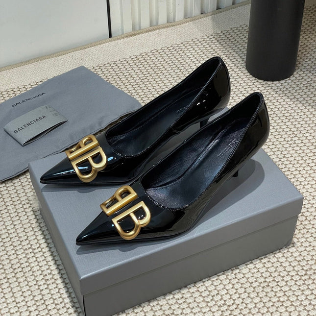 POINTED BB GOLD BUCKLE HIGH PUMPS 60MM IN BLACK PATENT CALFSKIN