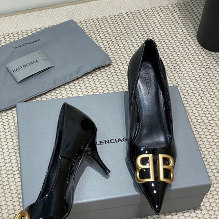 POINTED BB GOLD BUCKLE HIGH PUMPS 60MM IN BLACK PATENT CALFSKIN