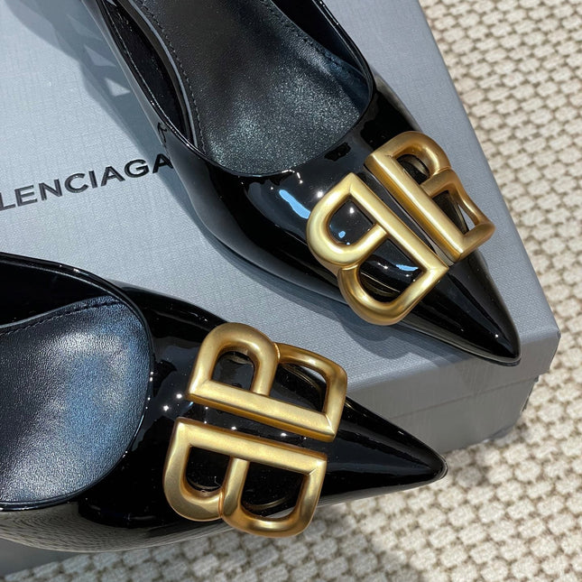 POINTED BB GOLD BUCKLE HIGH SLINGBACK 80MM IN BLACK PATENT CALFSKIN