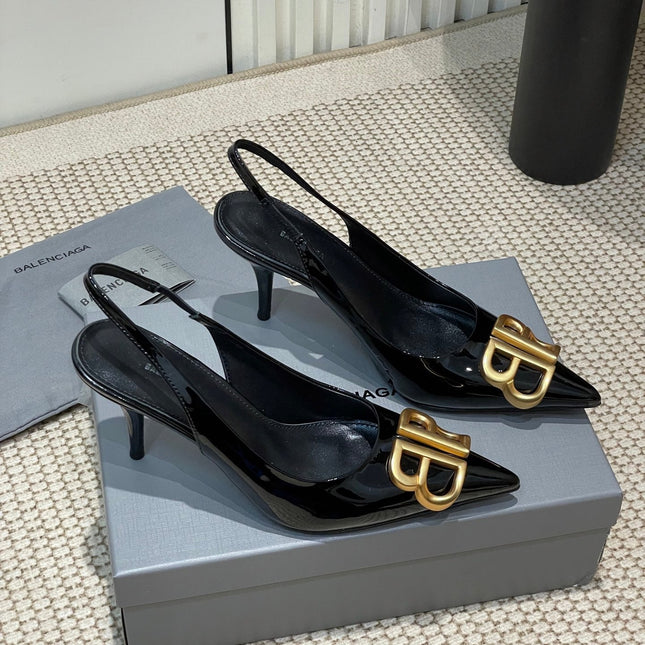 POINTED BB GOLD BUCKLE HIGH SLINGBACK 80MM IN BLACK PATENT CALFSKIN