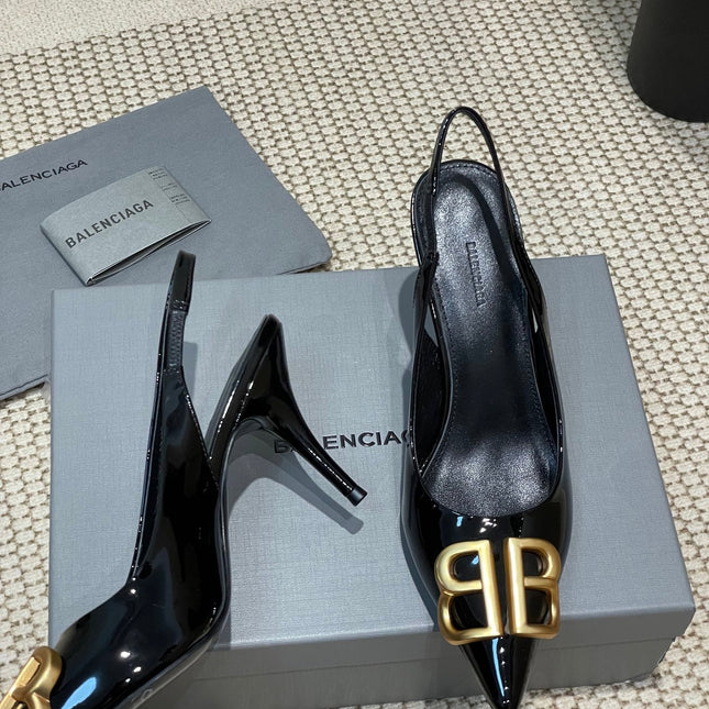 POINTED BB GOLD BUCKLE HIGH SLINGBACK 80MM IN BLACK PATENT CALFSKIN