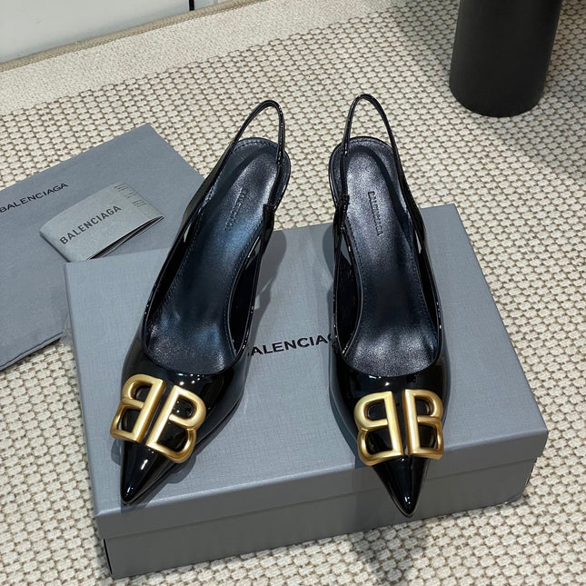 POINTED BB GOLD BUCKLE HIGH SLINGBACK 80MM IN BLACK PATENT CALFSKIN