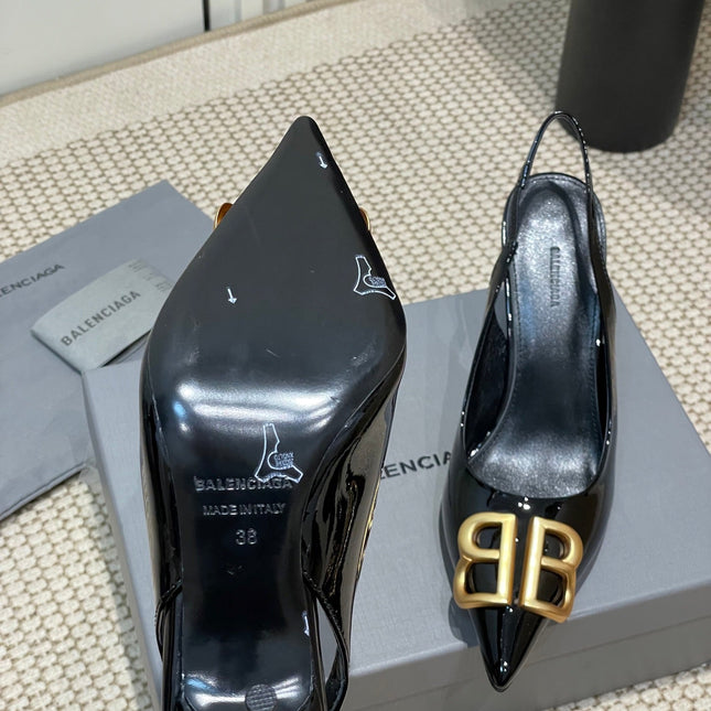 POINTED BB GOLD BUCKLE HIGH SLINGBACK 80MM IN BLACK PATENT CALFSKIN