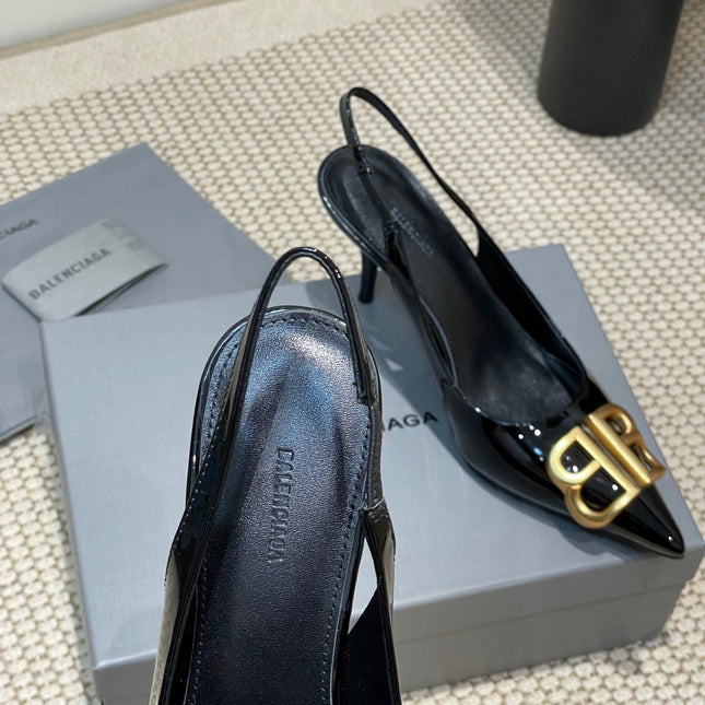 POINTED BB GOLD BUCKLE HIGH SLINGBACK 80MM IN BLACK PATENT CALFSKIN