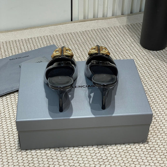 POINTED BB GOLD BUCKLE HIGH SLINGBACK 80MM IN BLACK PATENT CALFSKIN