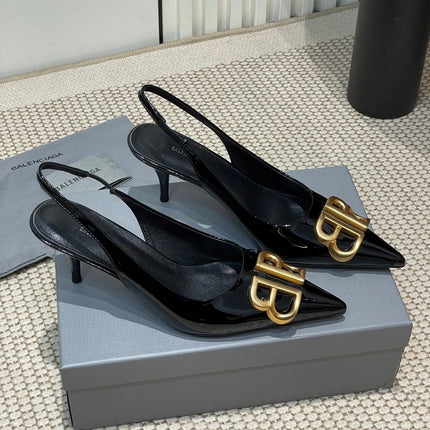 POINTED BB GOLD BUCKLE HIGH SLINGBACK 60MM IN BLACK PATENT CALFSKIN