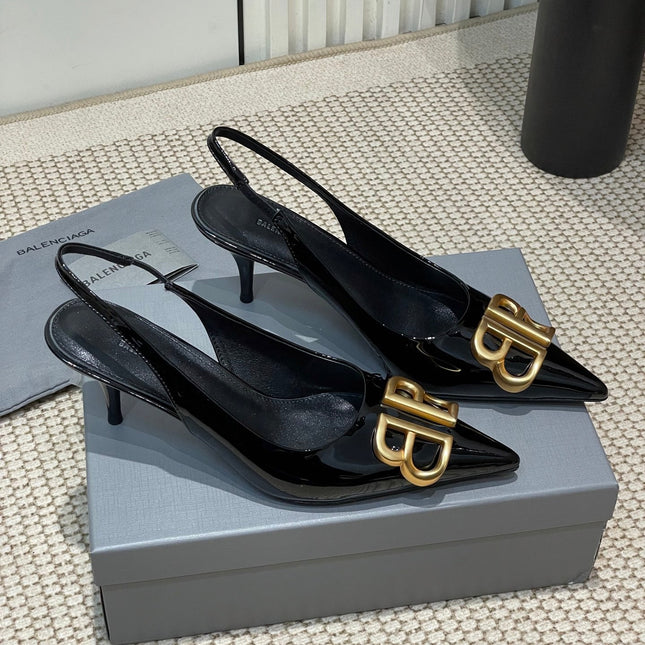 POINTED BB GOLD BUCKLE HIGH SLINGBACK 60MM IN BLACK PATENT CALFSKIN