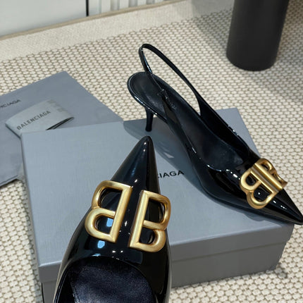 POINTED BB GOLD BUCKLE HIGH SLINGBACK 60MM IN BLACK PATENT CALFSKIN