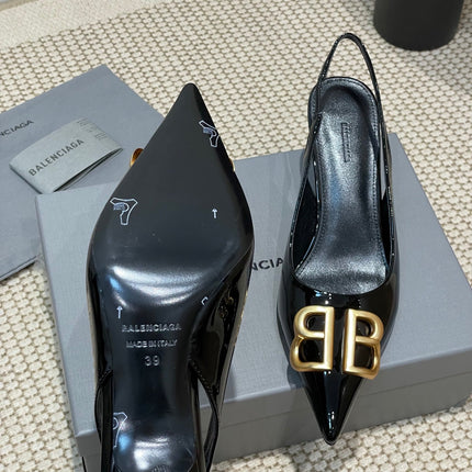 POINTED BB GOLD BUCKLE HIGH SLINGBACK 60MM IN BLACK PATENT CALFSKIN