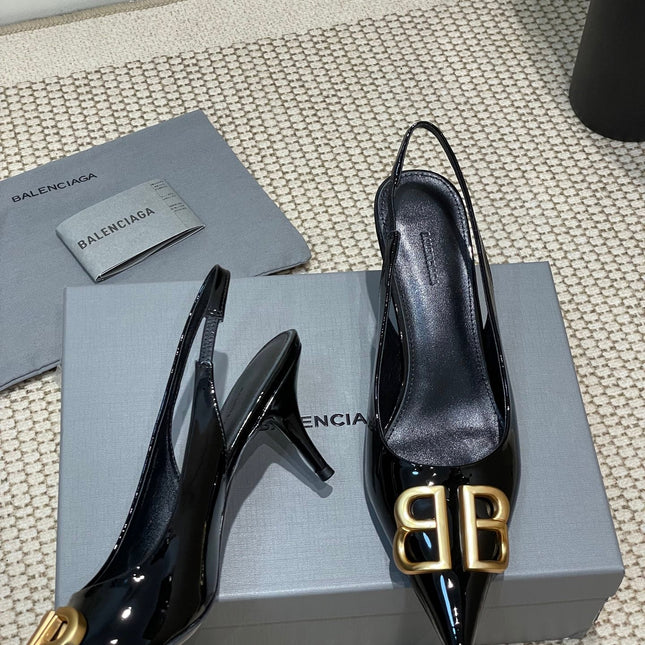 POINTED BB GOLD BUCKLE HIGH SLINGBACK 60MM IN BLACK PATENT CALFSKIN