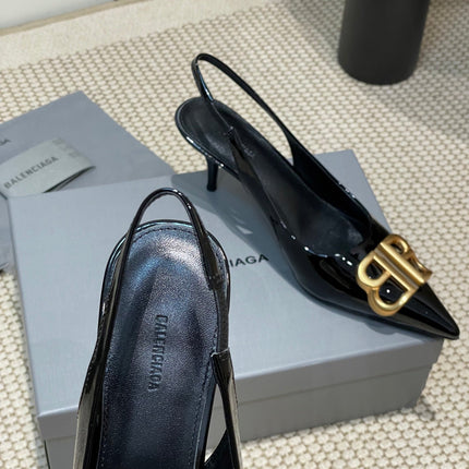POINTED BB GOLD BUCKLE HIGH SLINGBACK 60MM IN BLACK PATENT CALFSKIN