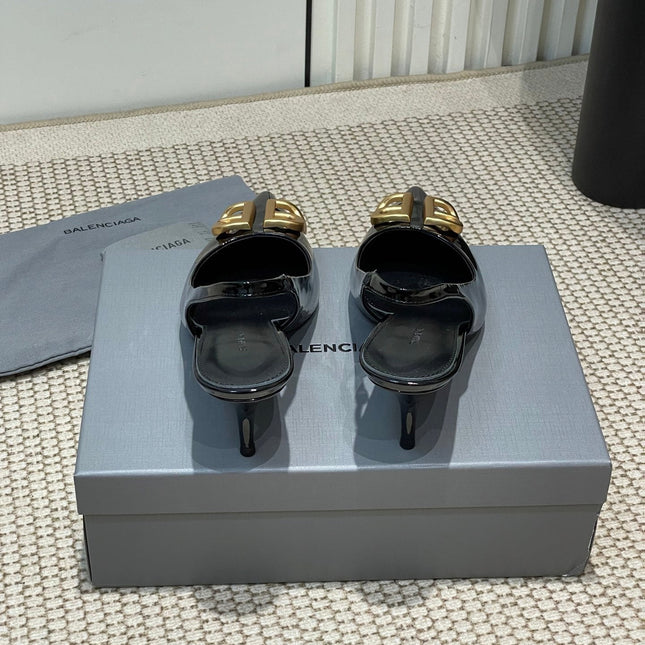 POINTED BB GOLD BUCKLE HIGH SLINGBACK 60MM IN BLACK PATENT CALFSKIN