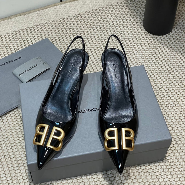 POINTED BB GOLD BUCKLE HIGH SLINGBACK 60MM IN BLACK PATENT CALFSKIN