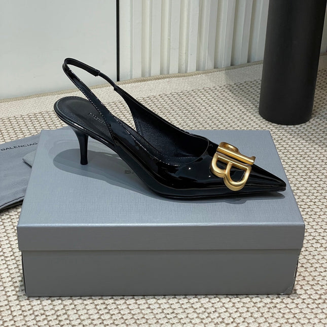 POINTED BB GOLD BUCKLE HIGH SLINGBACK 60MM IN BLACK PATENT CALFSKIN