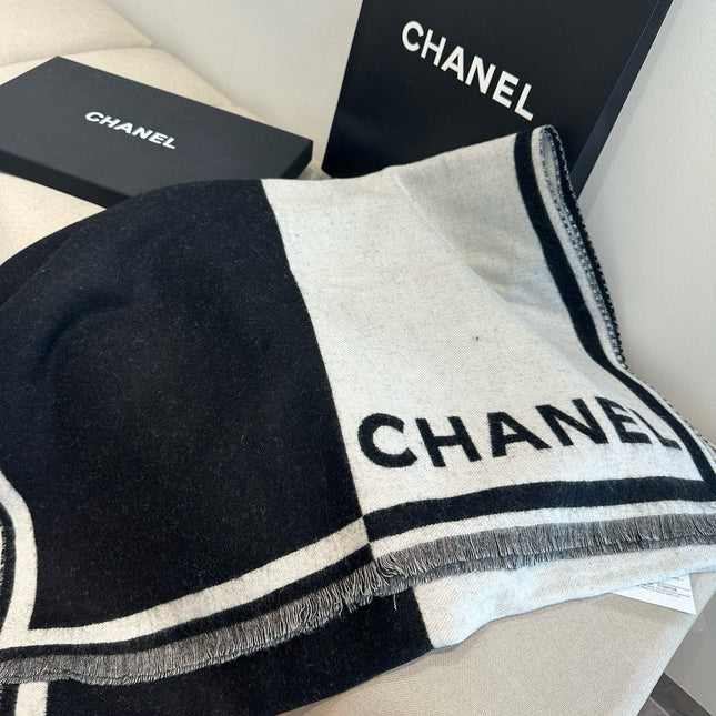 SCARF 190 CM IN BLACK MIX WHITE CASHMERE AND WOOL 401998