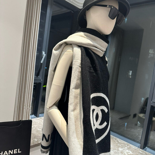 SCARF 190 CM IN BLACK MIX WHITE CASHMERE AND WOOL 401998