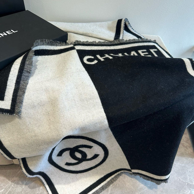 SCARF 190 CM IN BLACK MIX WHITE CASHMERE AND WOOL 401998