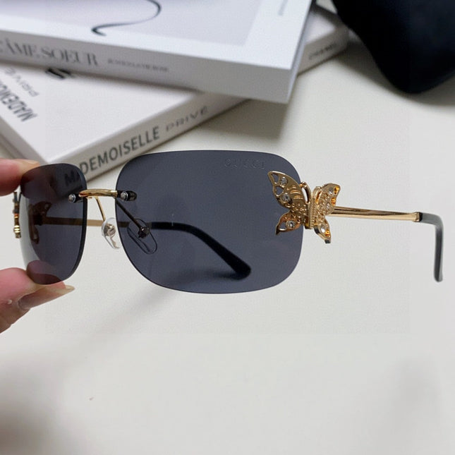 BUTTERFLY EMBELLISHED RIMLESS RECTANGULAR FRAME SUNGLASSES 570245 IN METAL