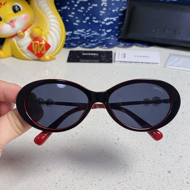 OVAL SUNGLASSES 640344 IN BLACK RED ACETATE METAL FRAME EMBOSSED PEARL