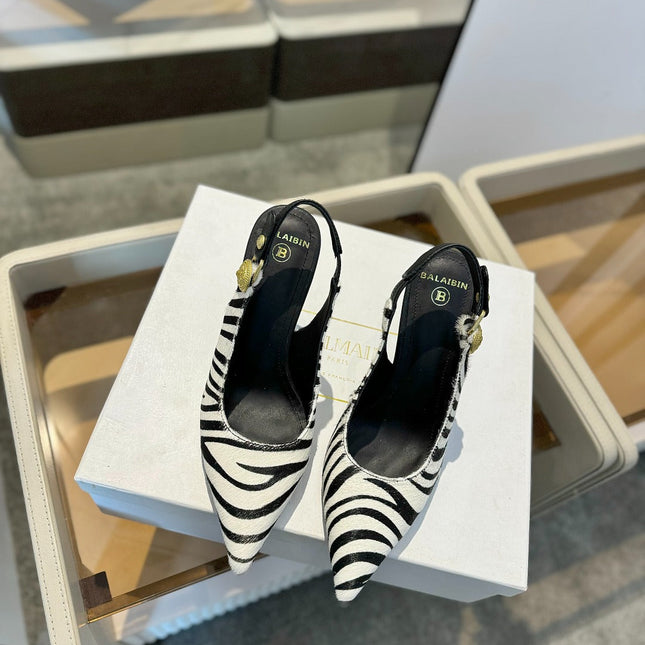 BALMAIN 25S SLINGBACK EVA 95MM IN WHITE AND BLACK ZEBRA PRINT CALFSKIN